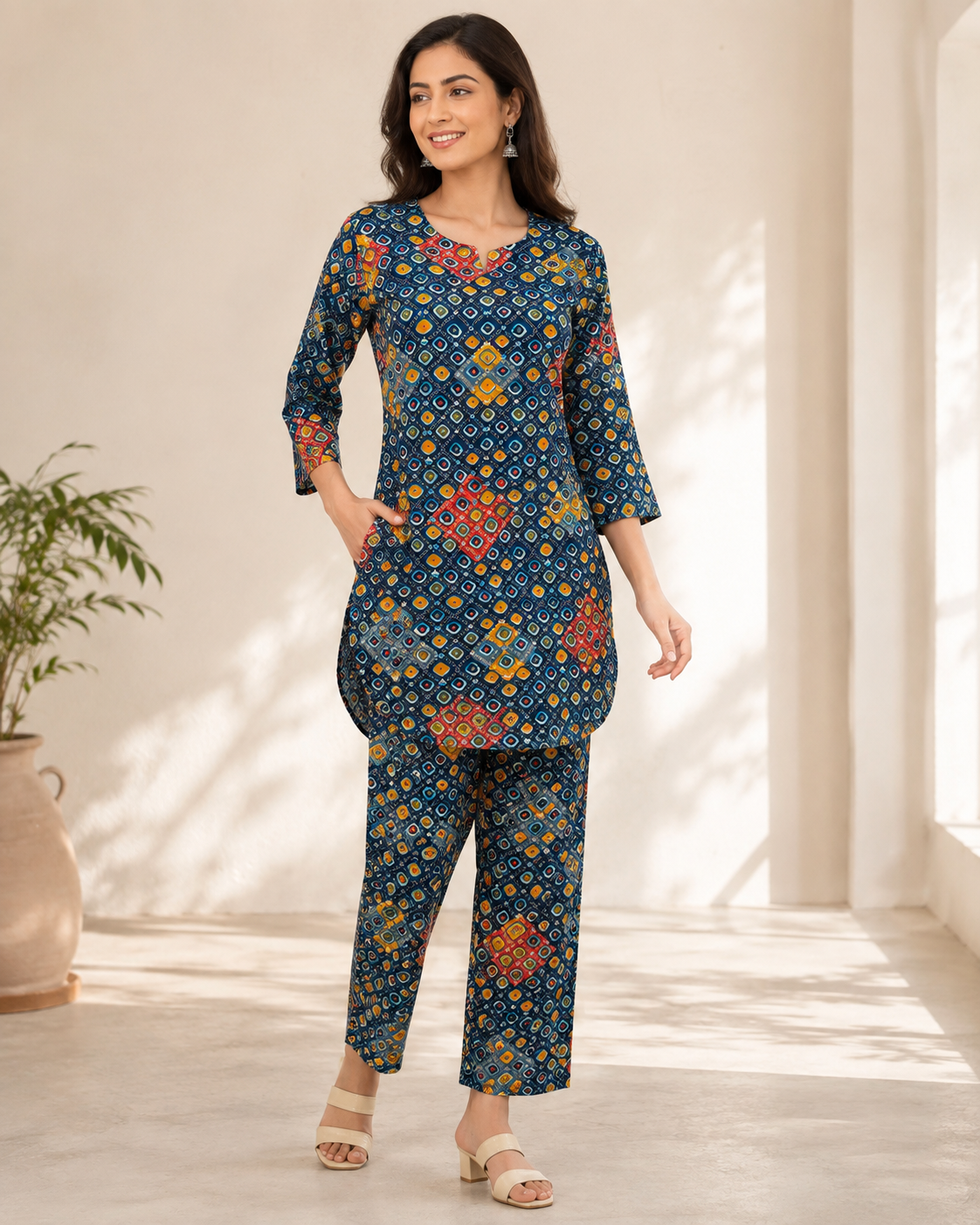 Navy Floral Printed Cotton Kurta Pant Co-ord Set