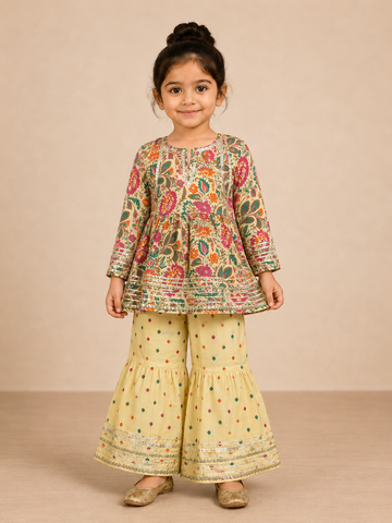 Multicolor Floral Cotton Peplum Sharara Set