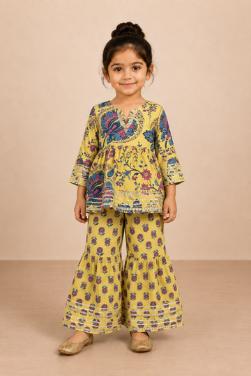 Mustard Floral Cotton Peplum Sharara Set