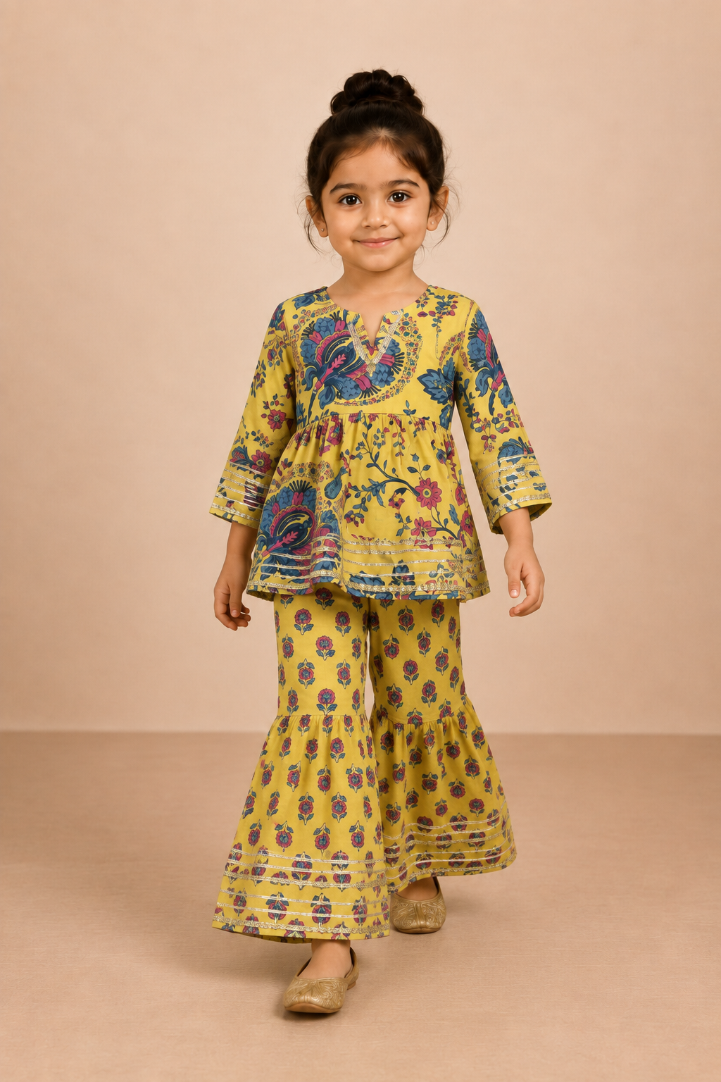 Mustard Floral Cotton Peplum Sharara Set