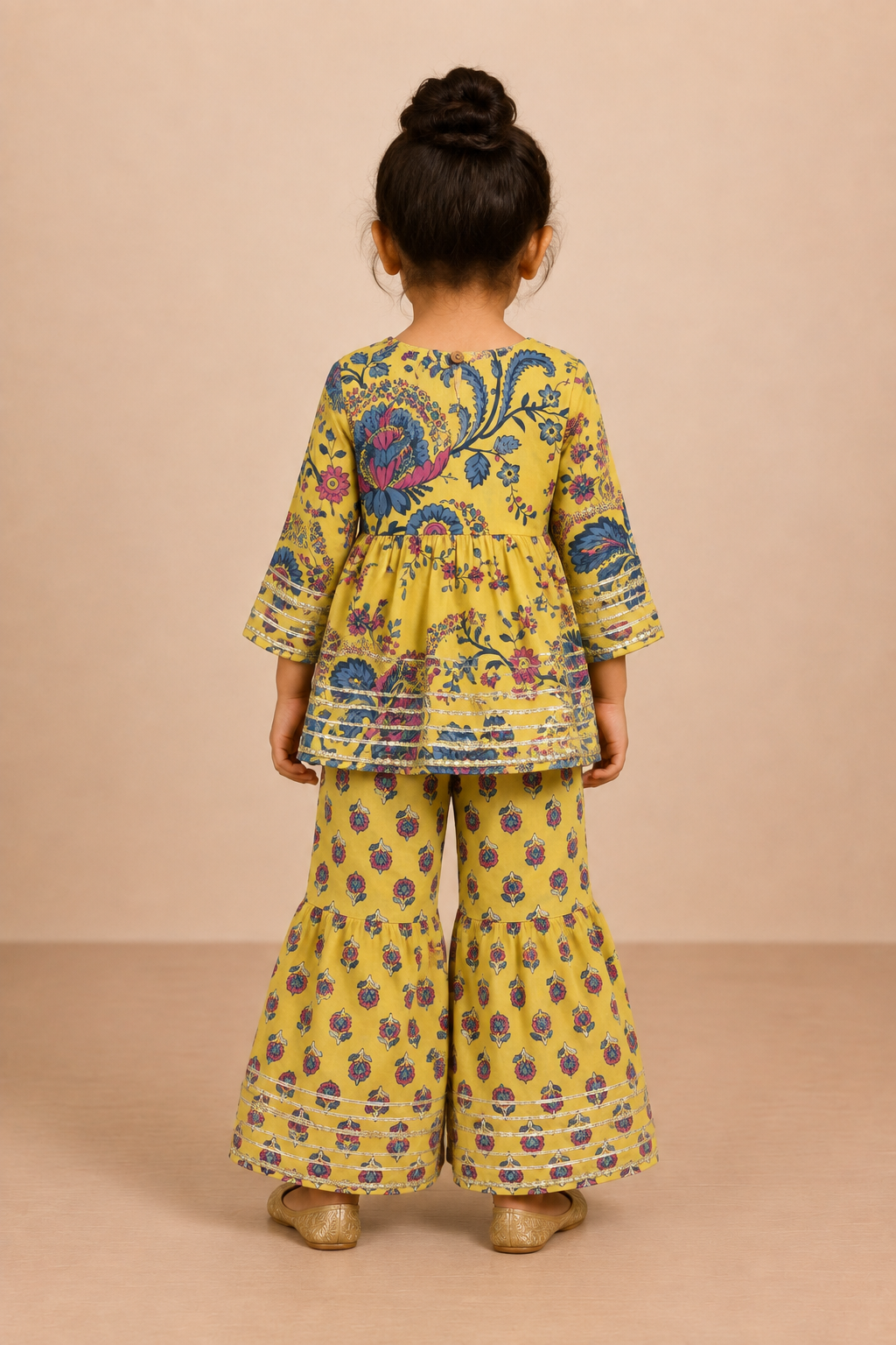 Mustard Floral Cotton Peplum Sharara Set