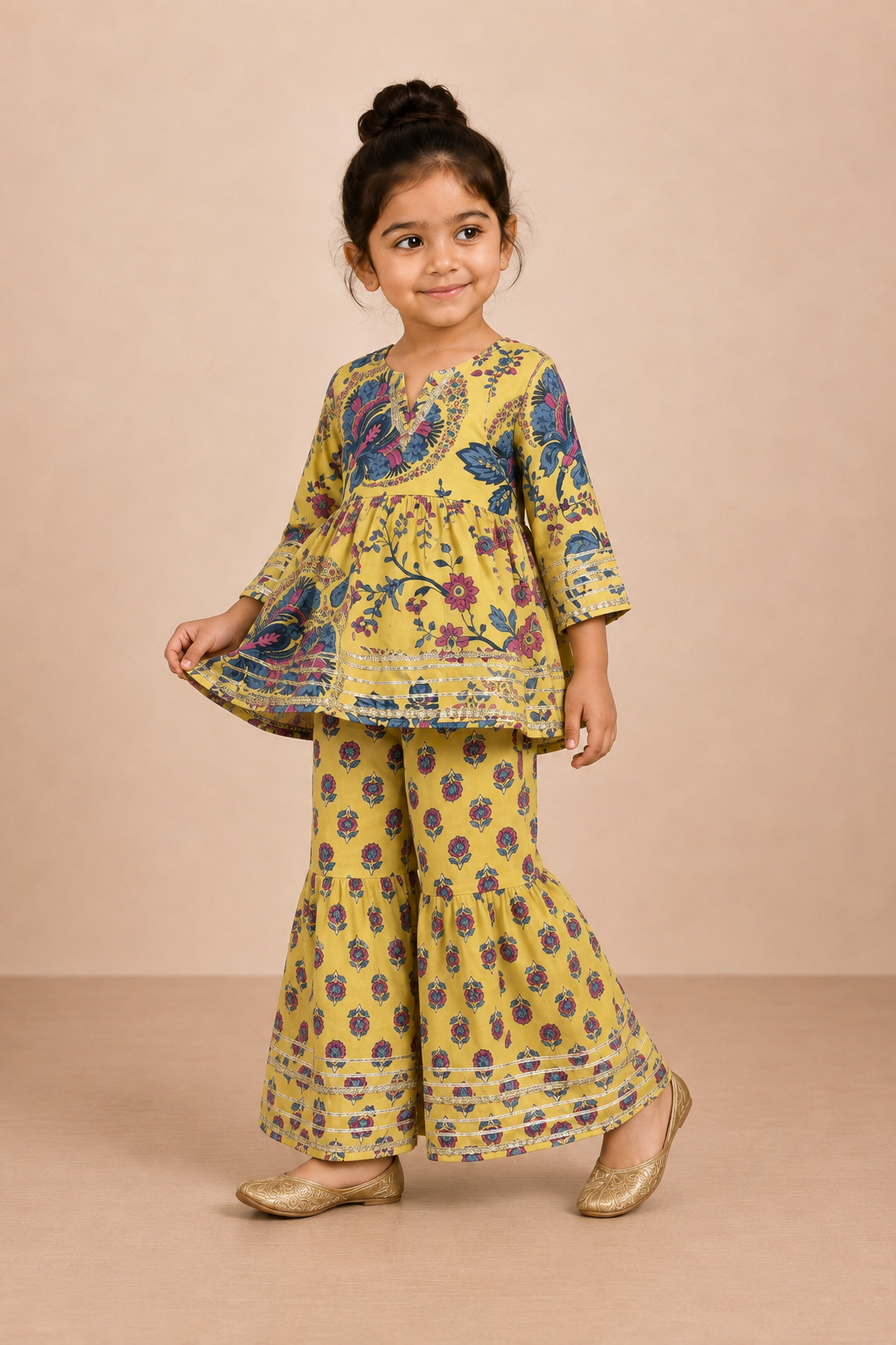 Mustard Floral Cotton Peplum Sharara Set