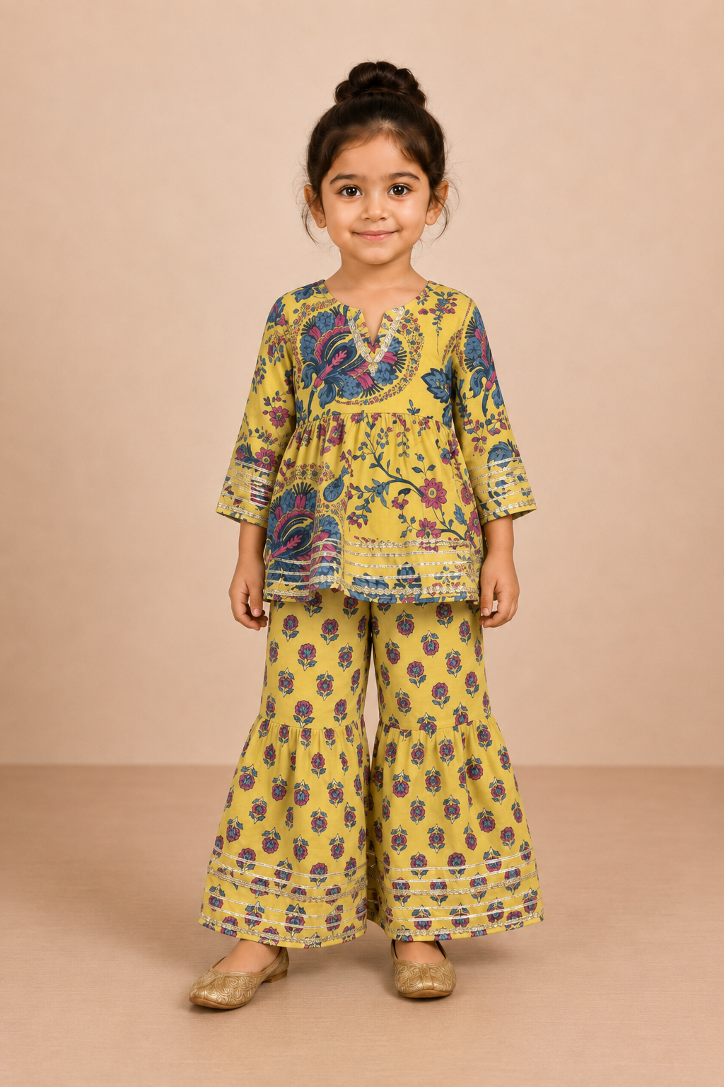 Mustard Floral Cotton Peplum Sharara Set