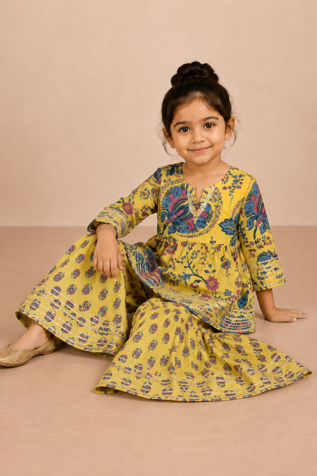 Mustard Floral Cotton Peplum Sharara Set