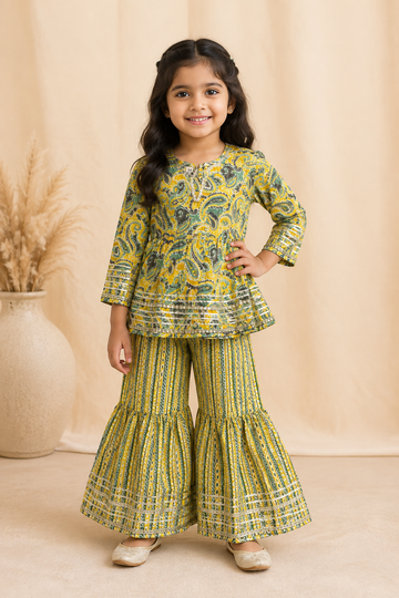 Green Floral Cotton Peplum Sharara Set