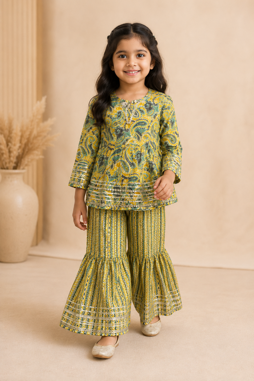Green Floral Cotton Peplum Sharara Set