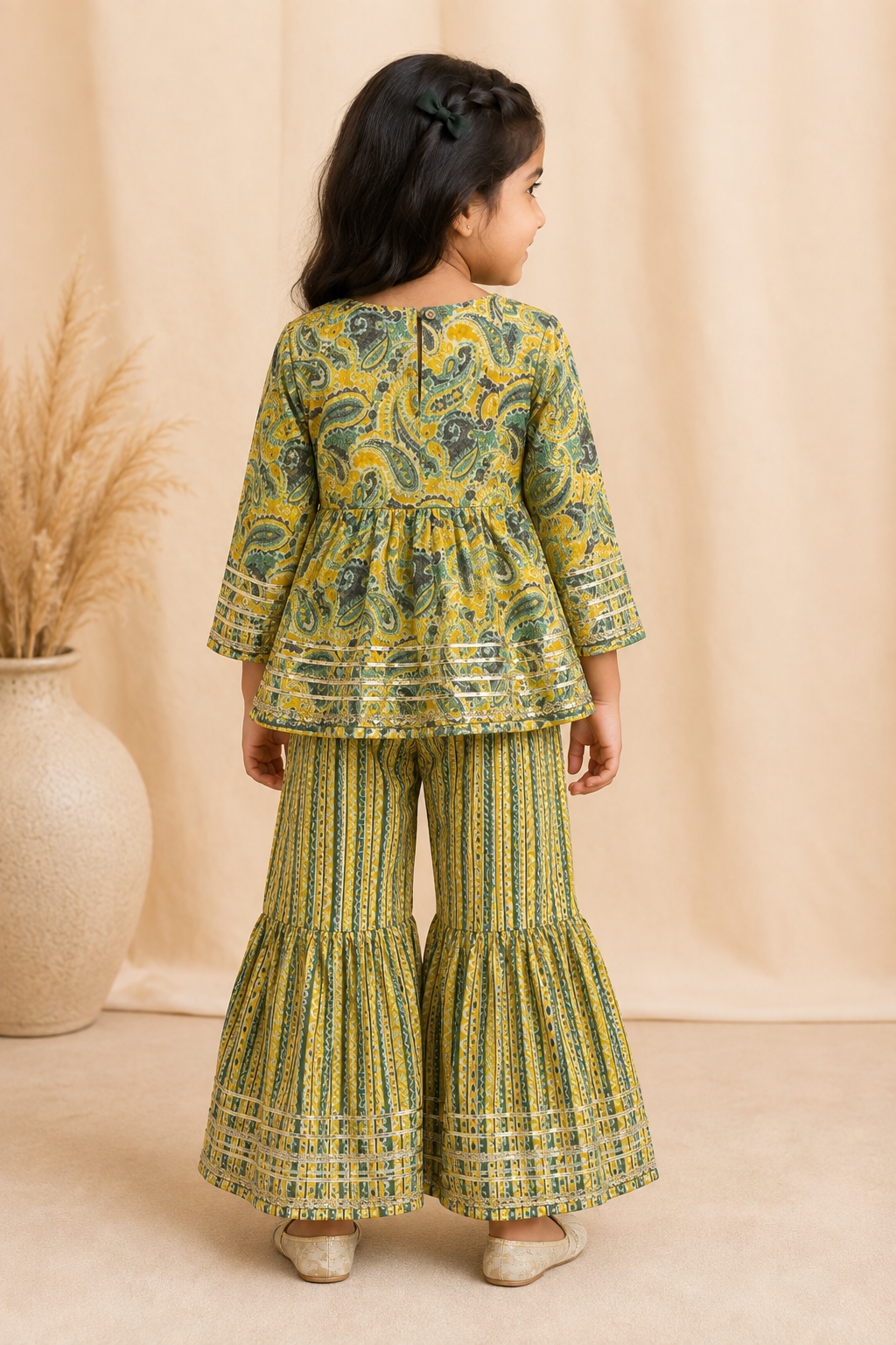 Green Floral Cotton Peplum Sharara Set