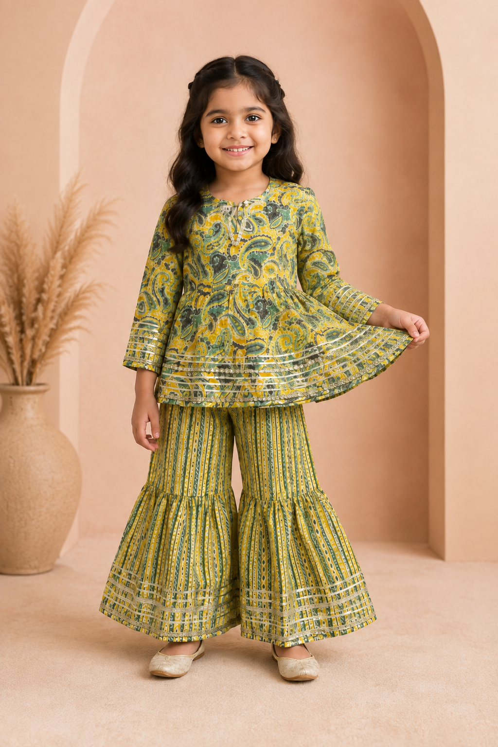 Green Floral Cotton Peplum Sharara Set