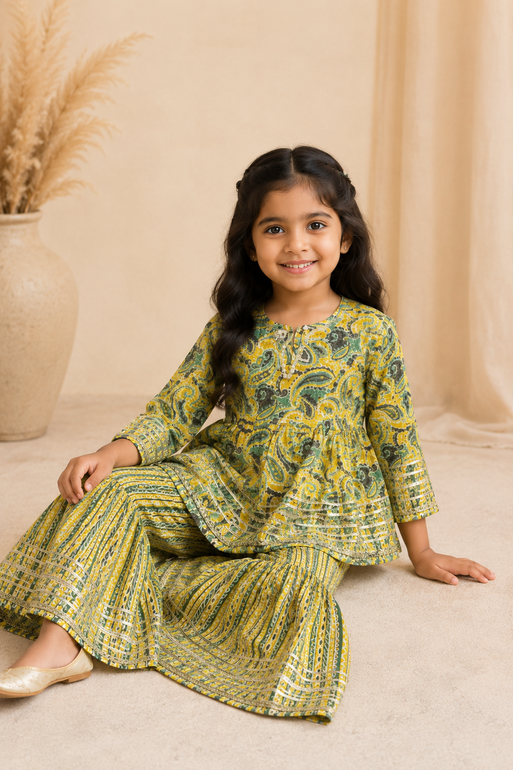 Green Floral Cotton Peplum Sharara Set