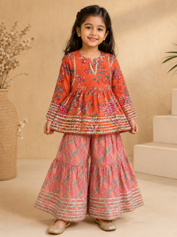 Coral Printed Cotton Peplum Sharara Set