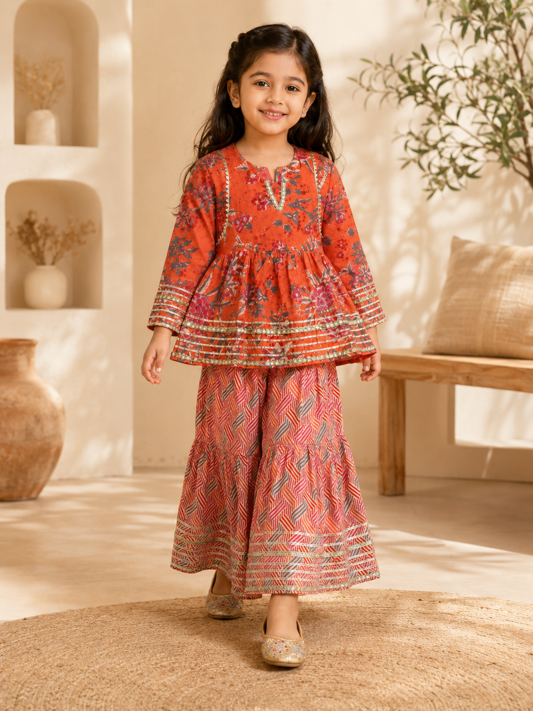 Coral Printed Cotton Peplum Sharara Set