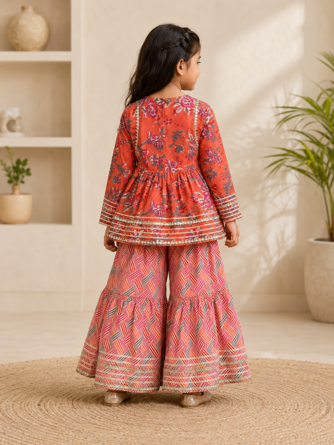 Coral Printed Cotton Peplum Sharara Set