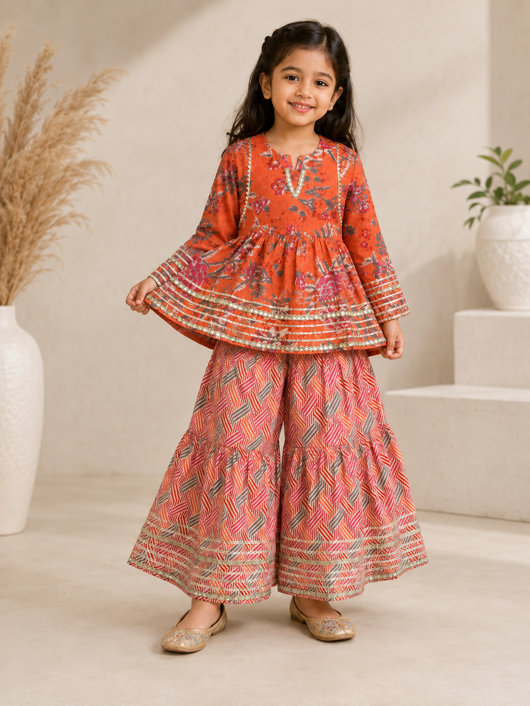 Coral Printed Cotton Peplum Sharara Set