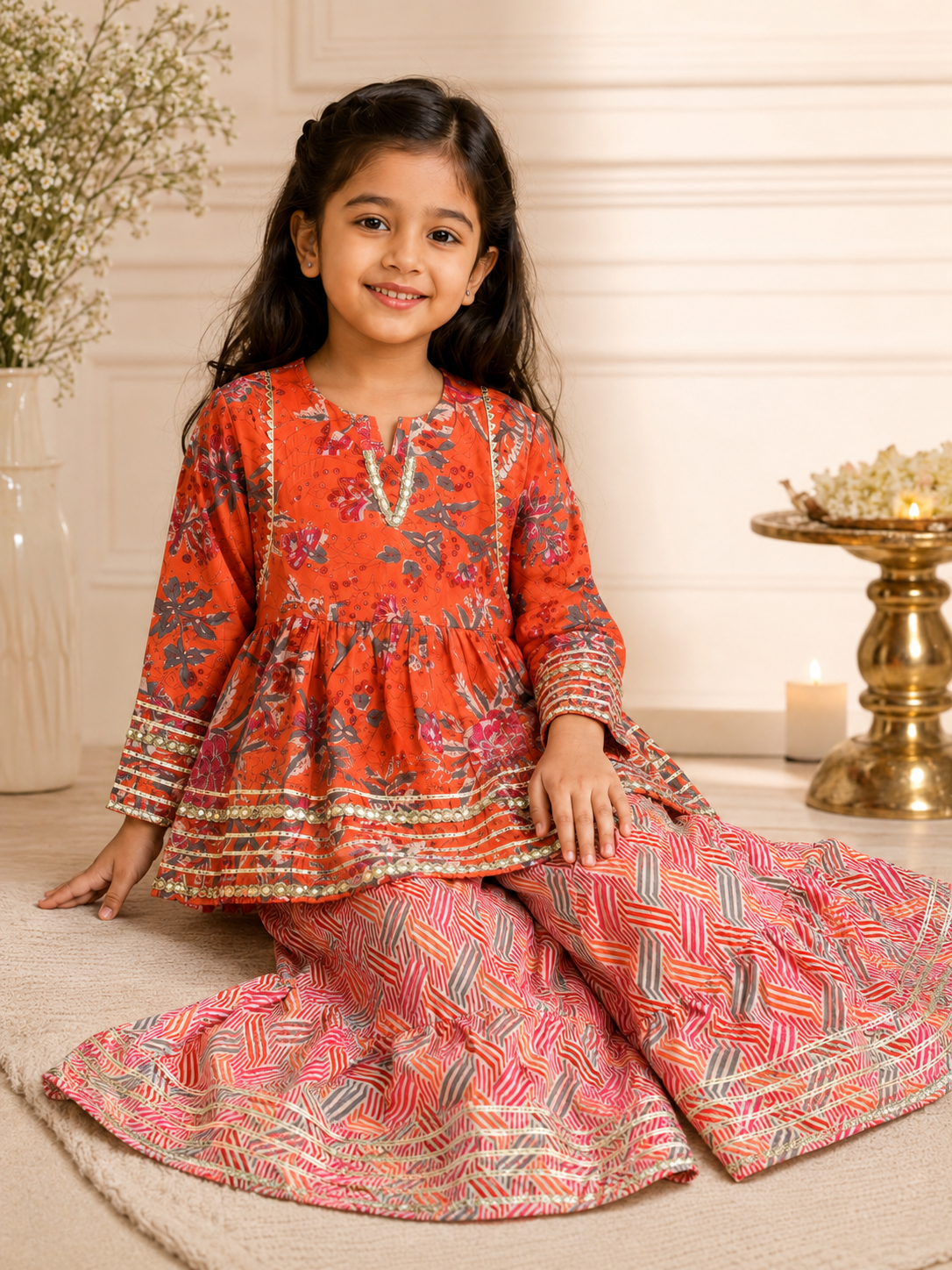 Coral Printed Cotton Peplum Sharara Set