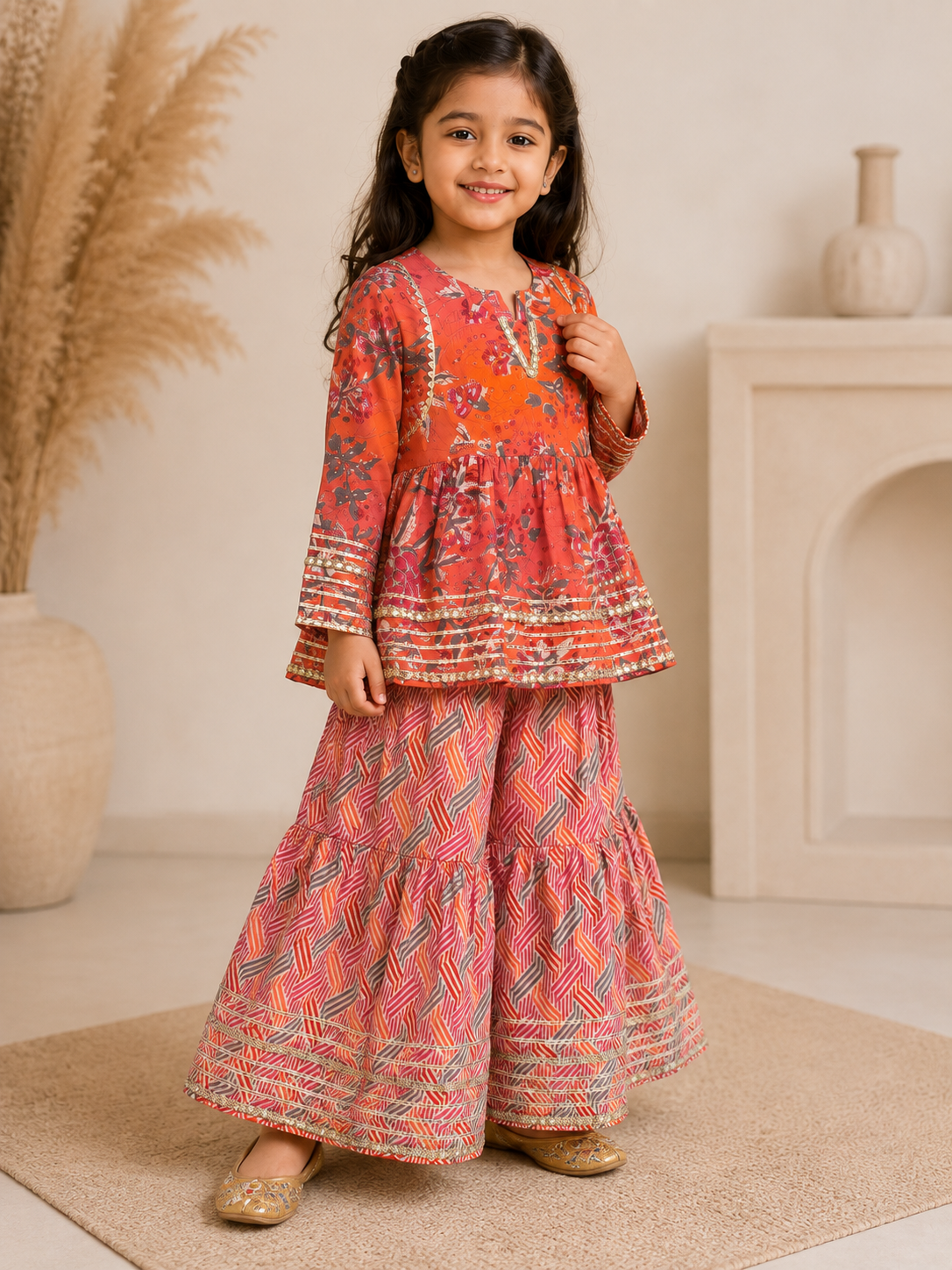 Coral Printed Cotton Peplum Sharara Set