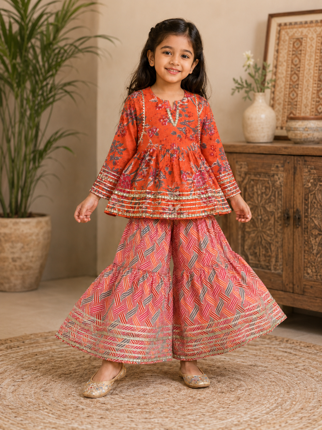 Coral Printed Cotton Peplum Sharara Set
