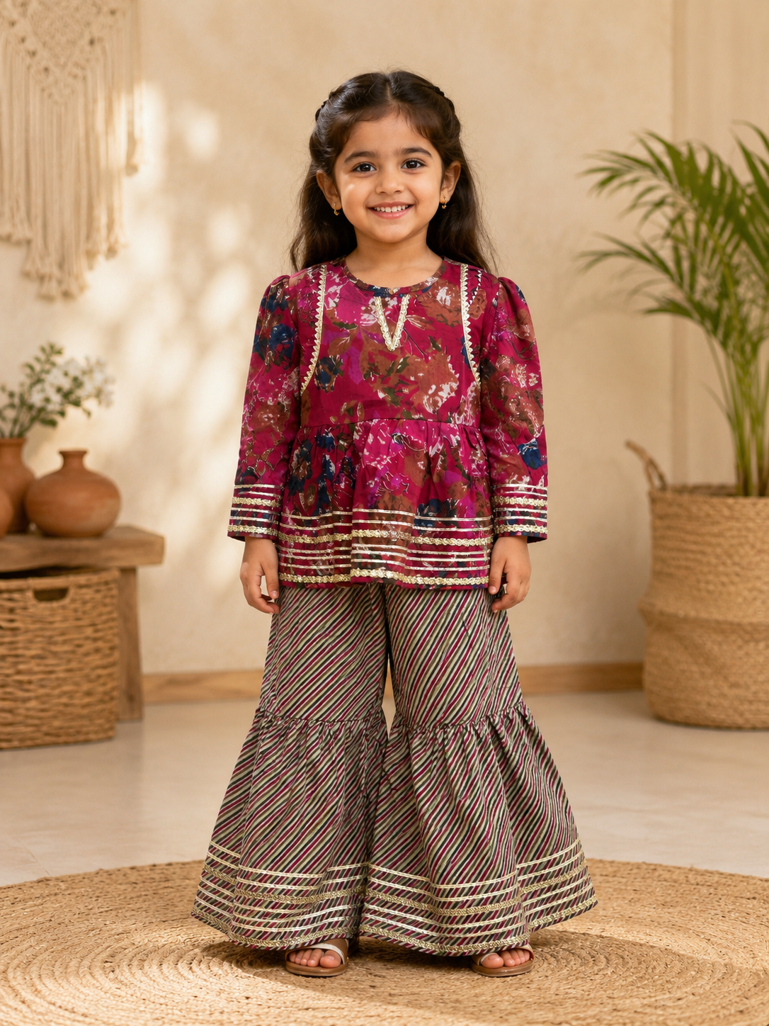 Wine Printed Cotton Peplum Sharara Set