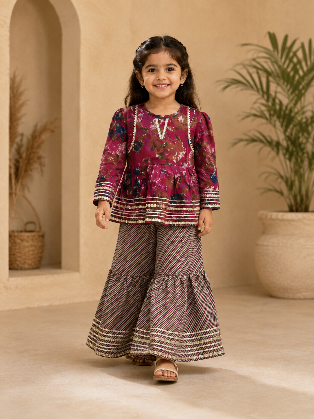 Wine Printed Cotton Peplum Sharara Set