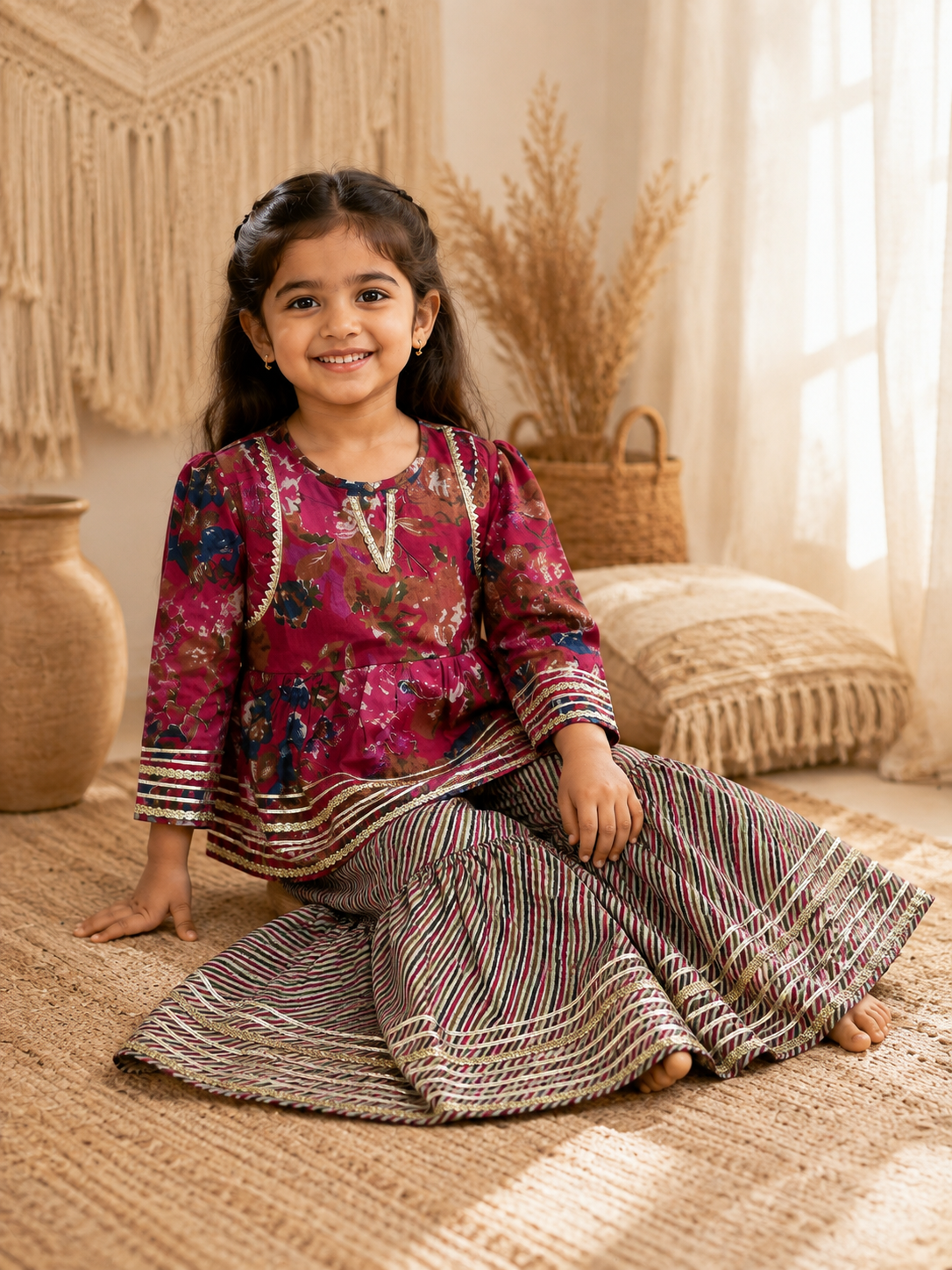Wine Printed Cotton Peplum Sharara Set