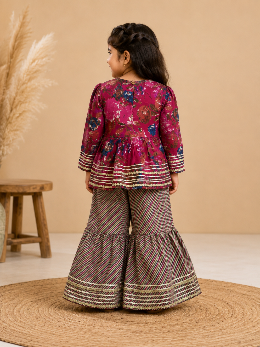 Wine Printed Cotton Peplum Sharara Set