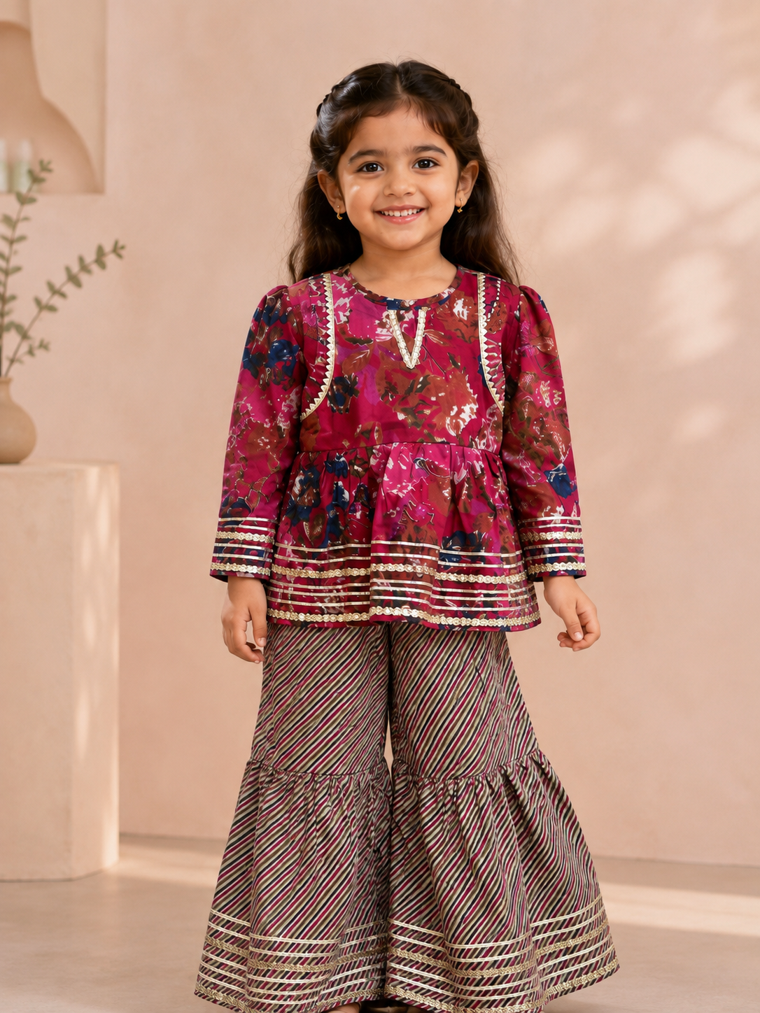 Wine Printed Cotton Peplum Sharara Set