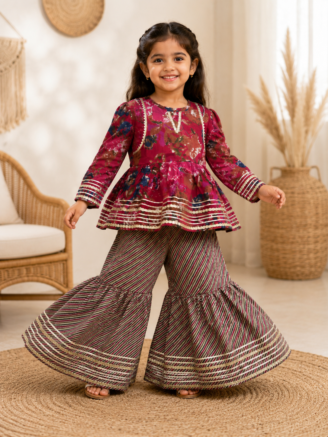 Wine Printed Cotton Peplum Sharara Set