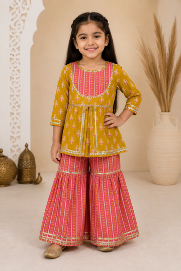 Mustard Pink Cotton Peplum Sharara Set