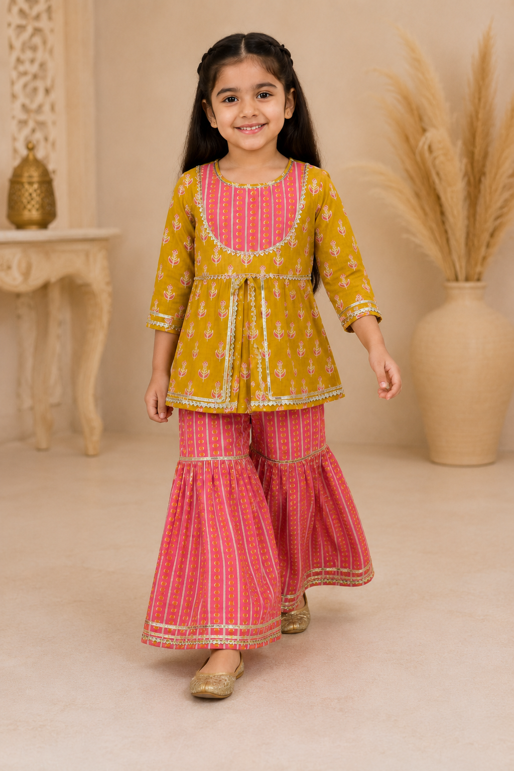 Mustard Pink Cotton Peplum Sharara Set