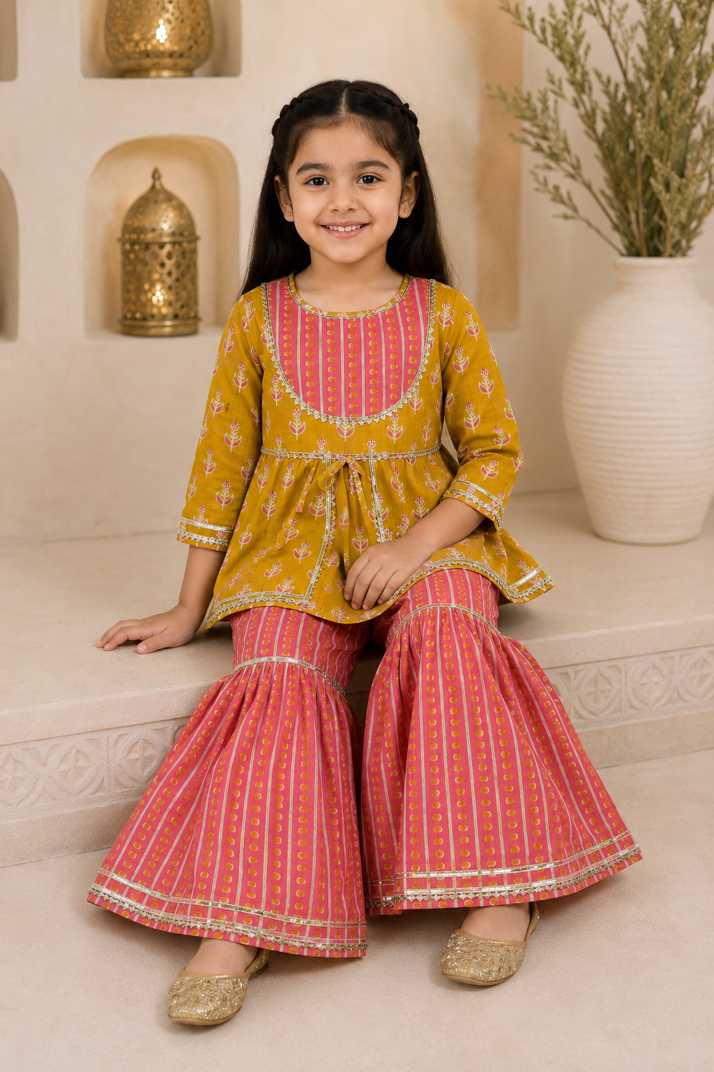 Mustard Pink Cotton Peplum Sharara Set