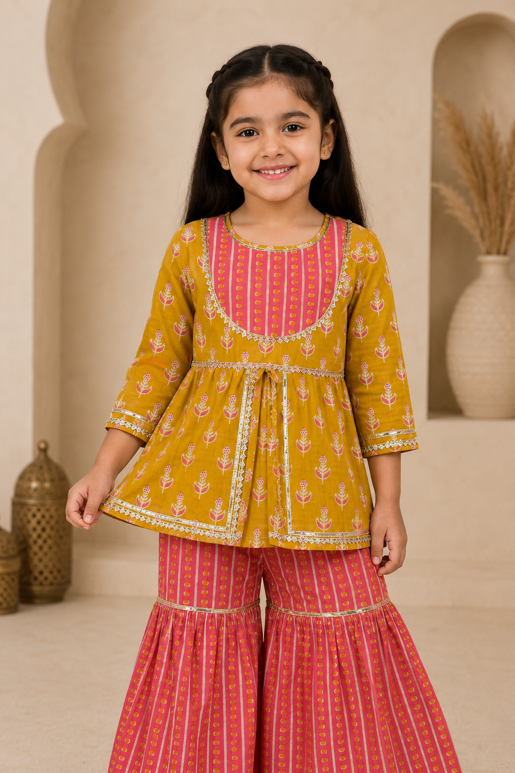 Mustard Pink Cotton Peplum Sharara Set