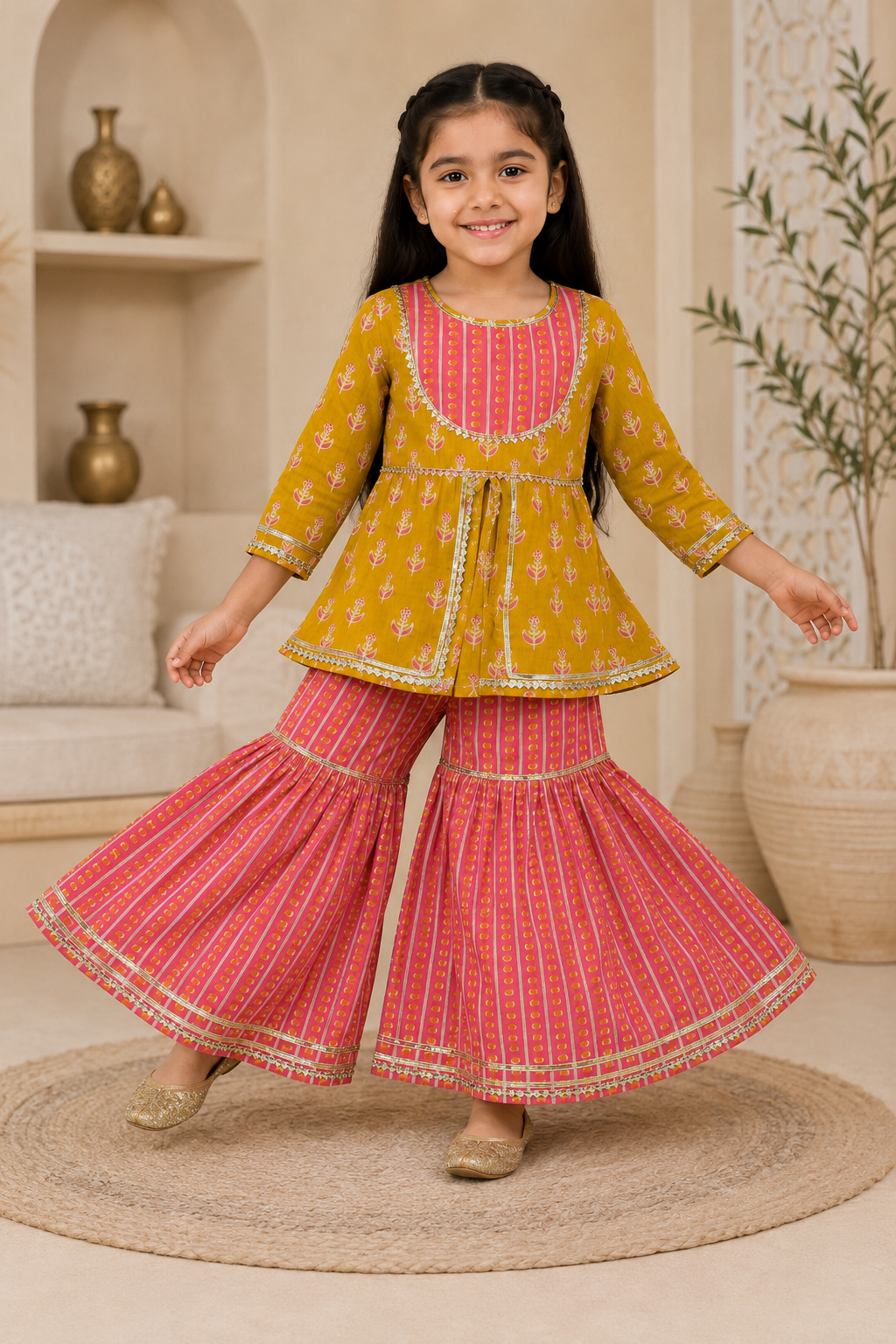 Mustard Pink Cotton Peplum Sharara Set