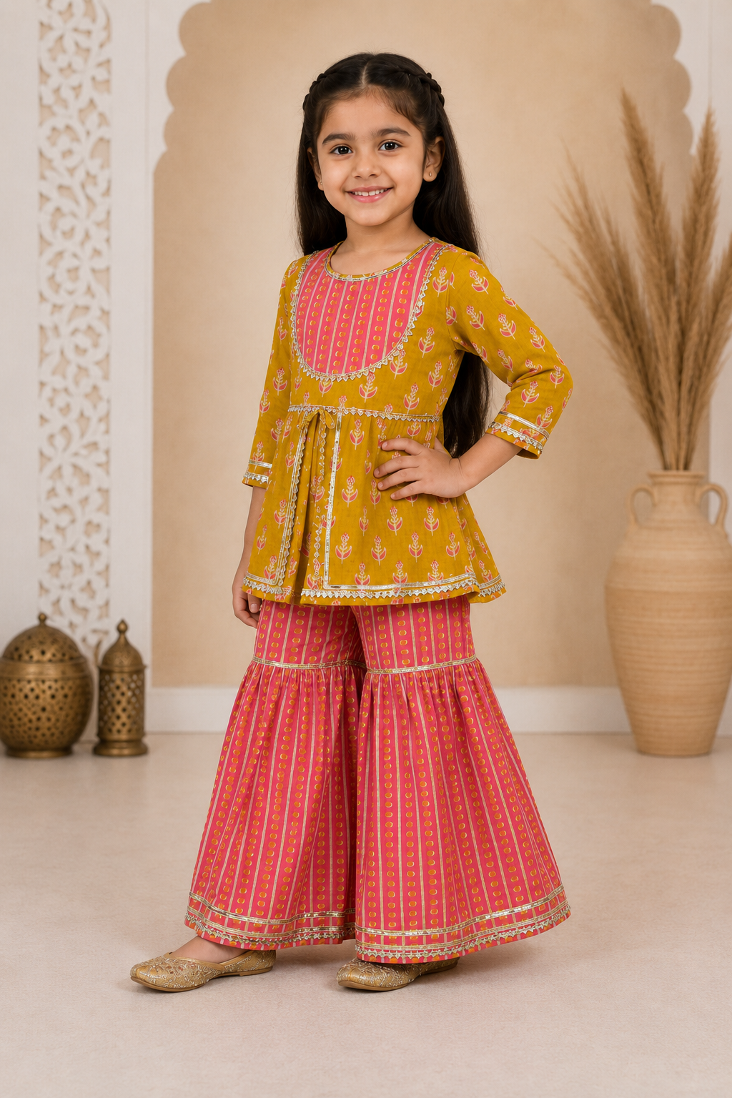 Mustard Pink Cotton Peplum Sharara Set