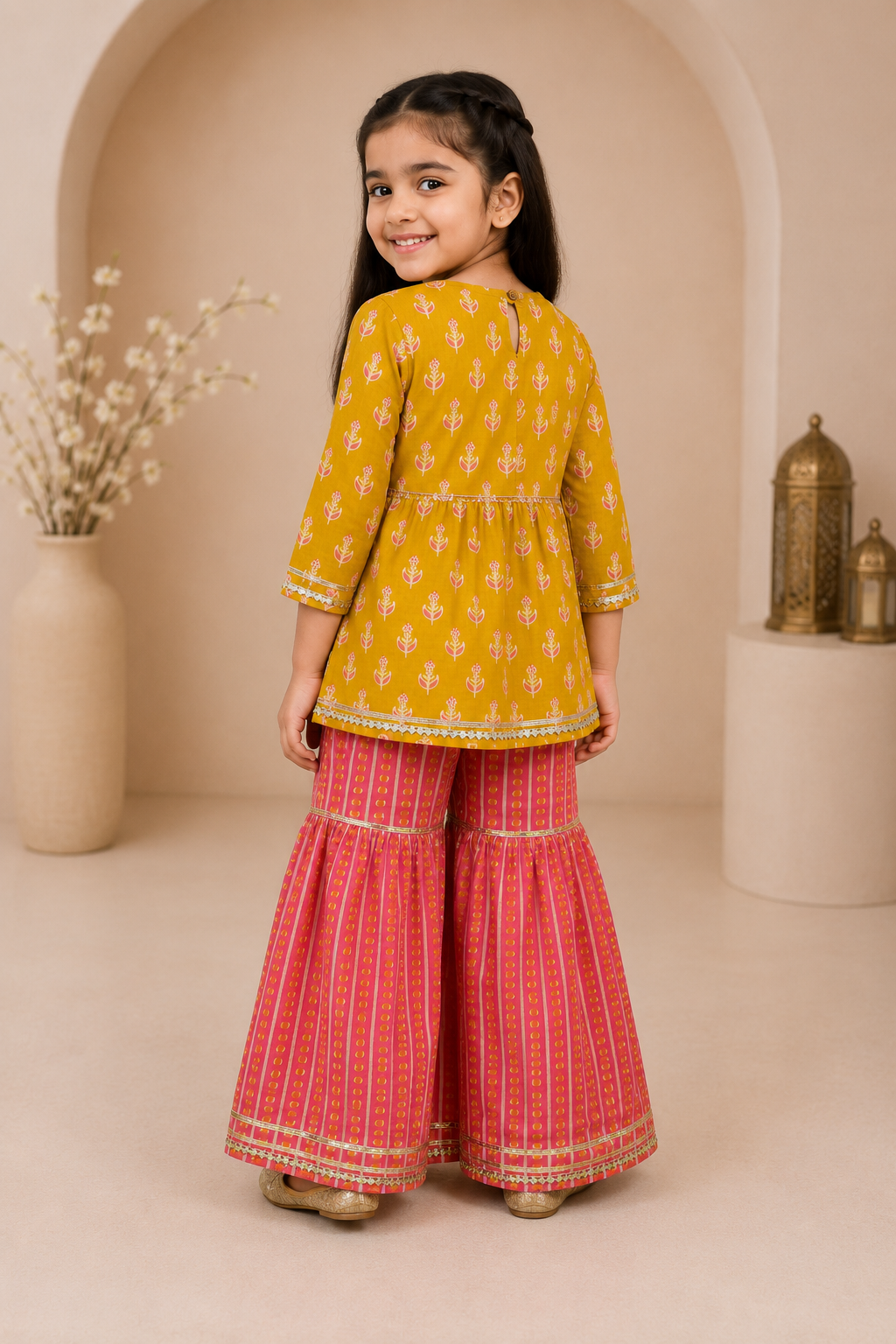 Mustard Pink Cotton Peplum Sharara Set
