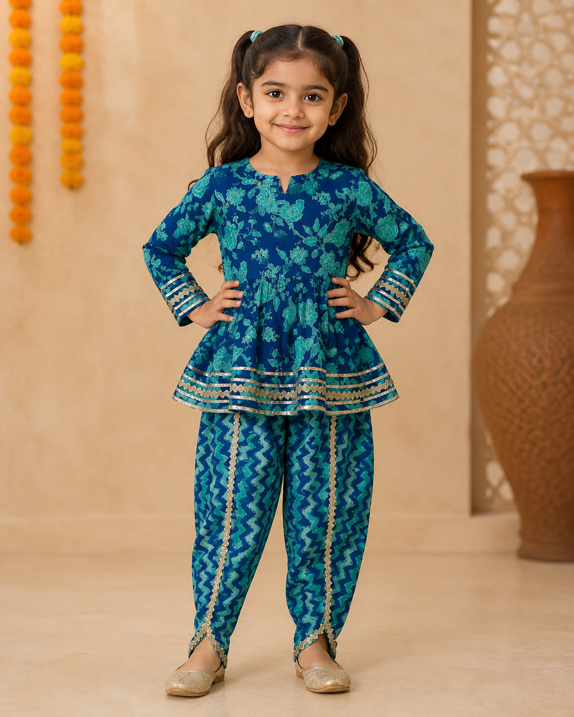 Teal Blue Floral Cotton Kurta Pant Set