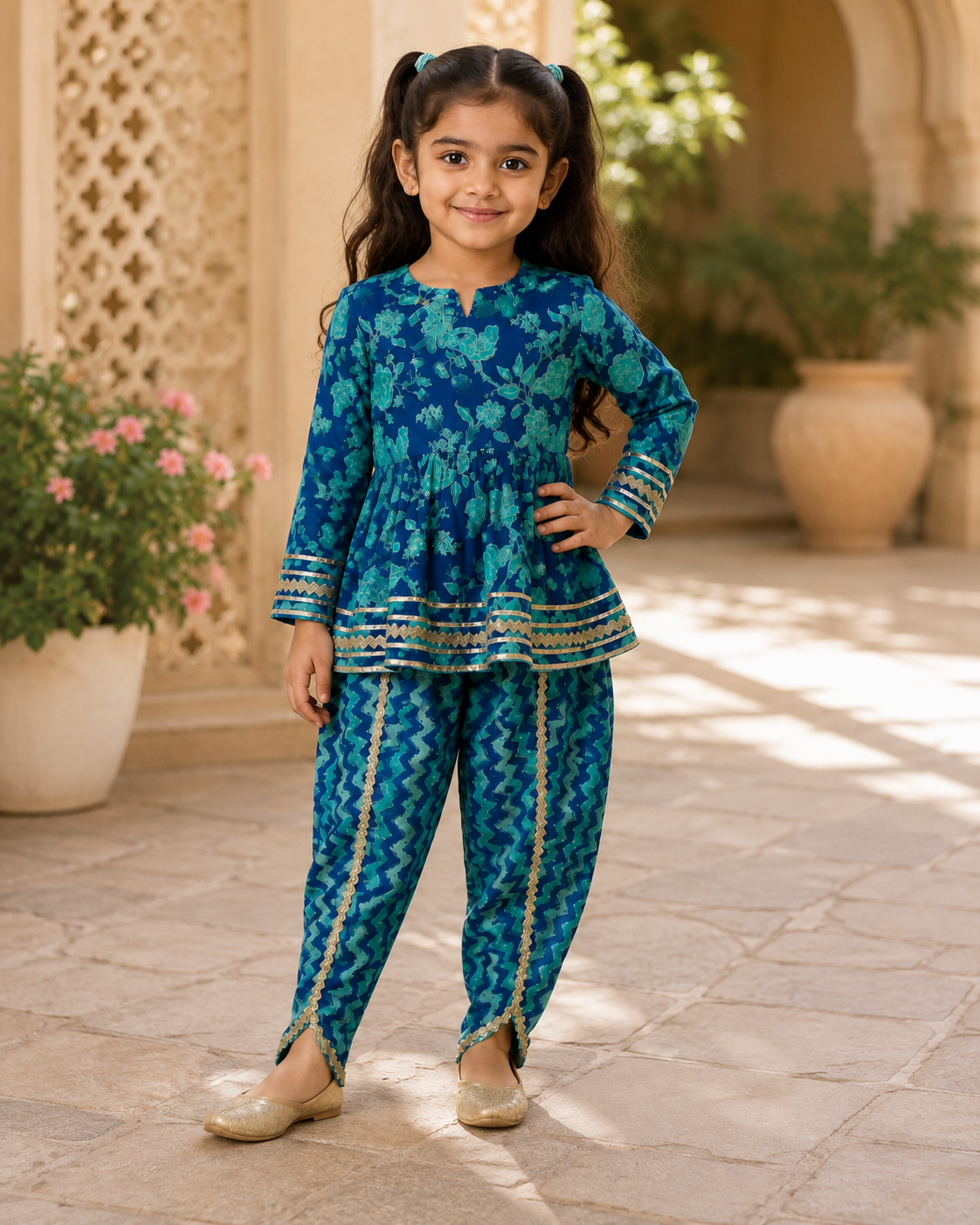 Teal Blue Floral Cotton Kurta Pant Set