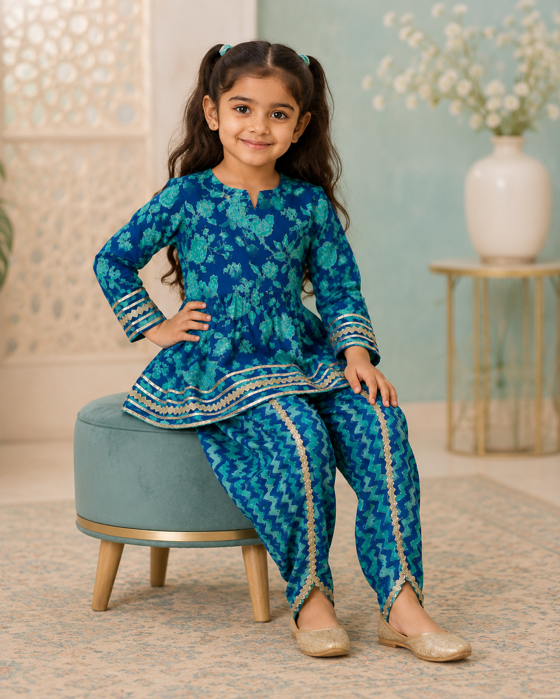 Teal Blue Floral Cotton Kurta Pant Set