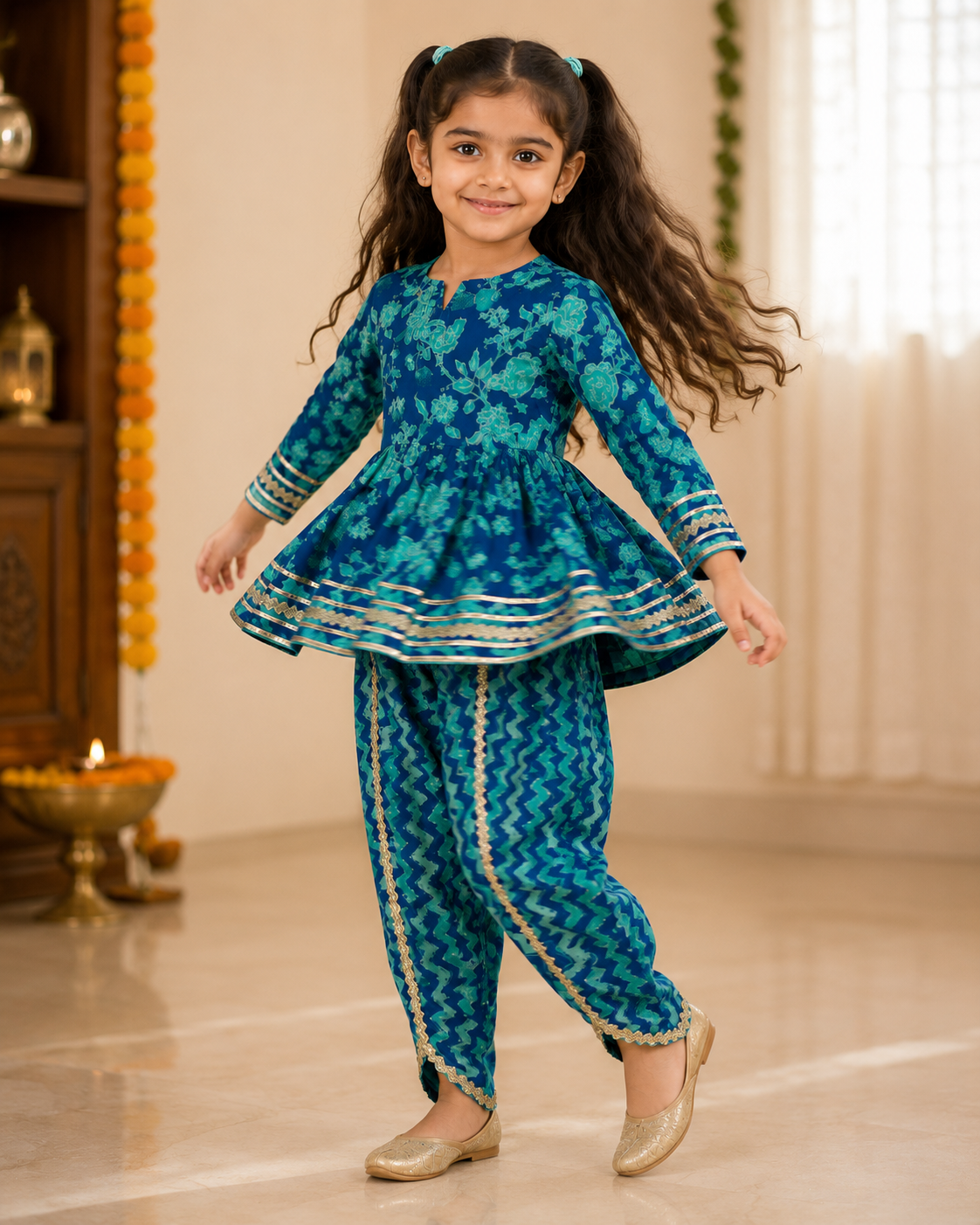 Teal Blue Floral Cotton Kurta Pant Set