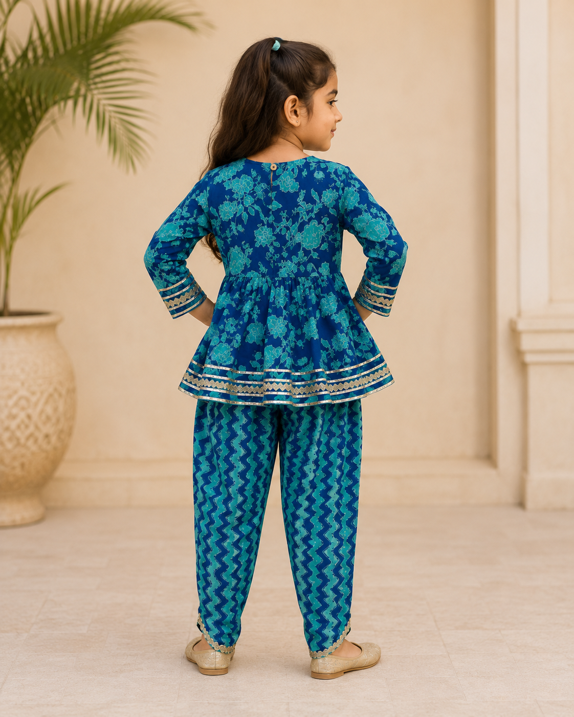 Teal Blue Floral Cotton Kurta Pant Set