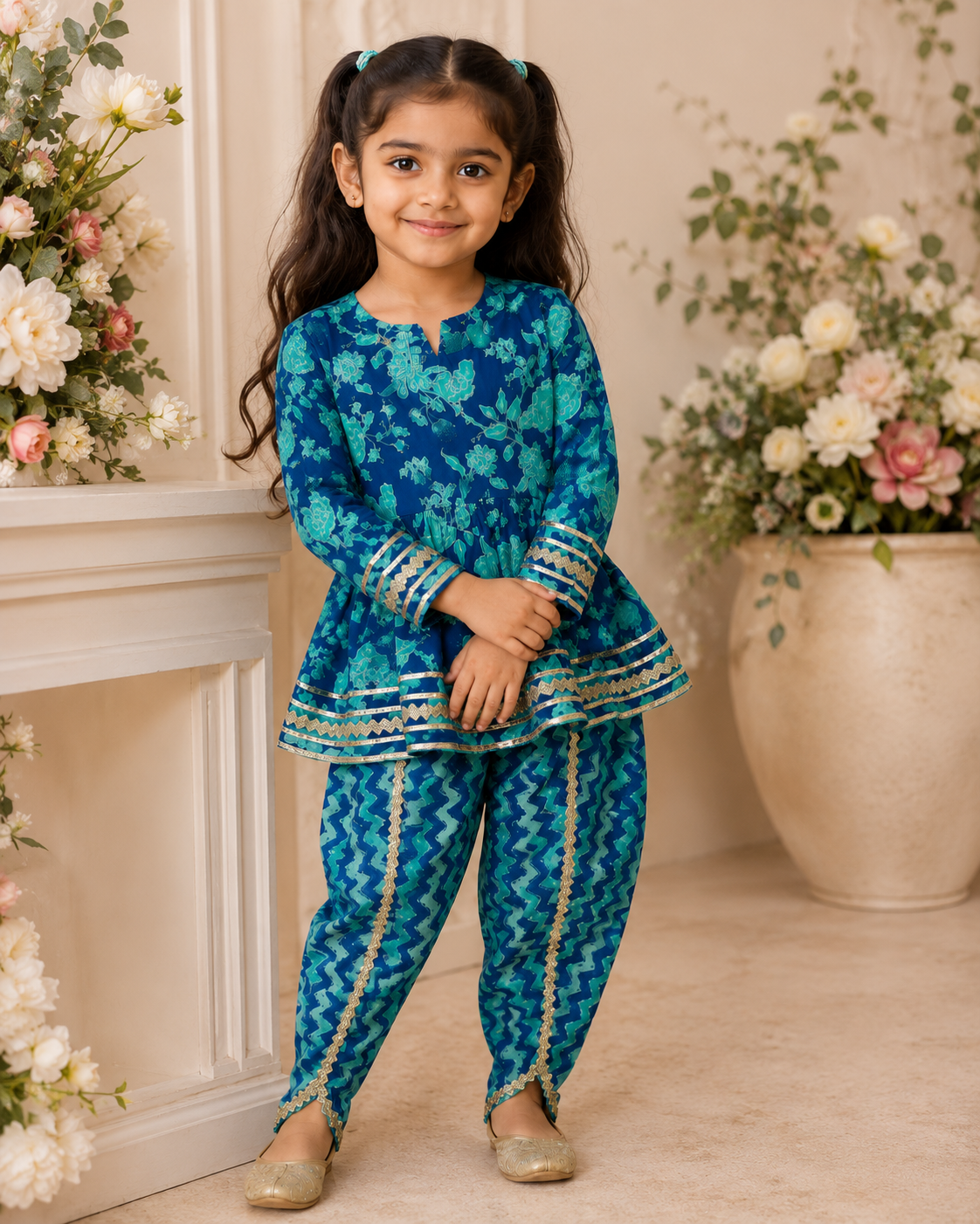 Teal Blue Floral Cotton Kurta Pant Set