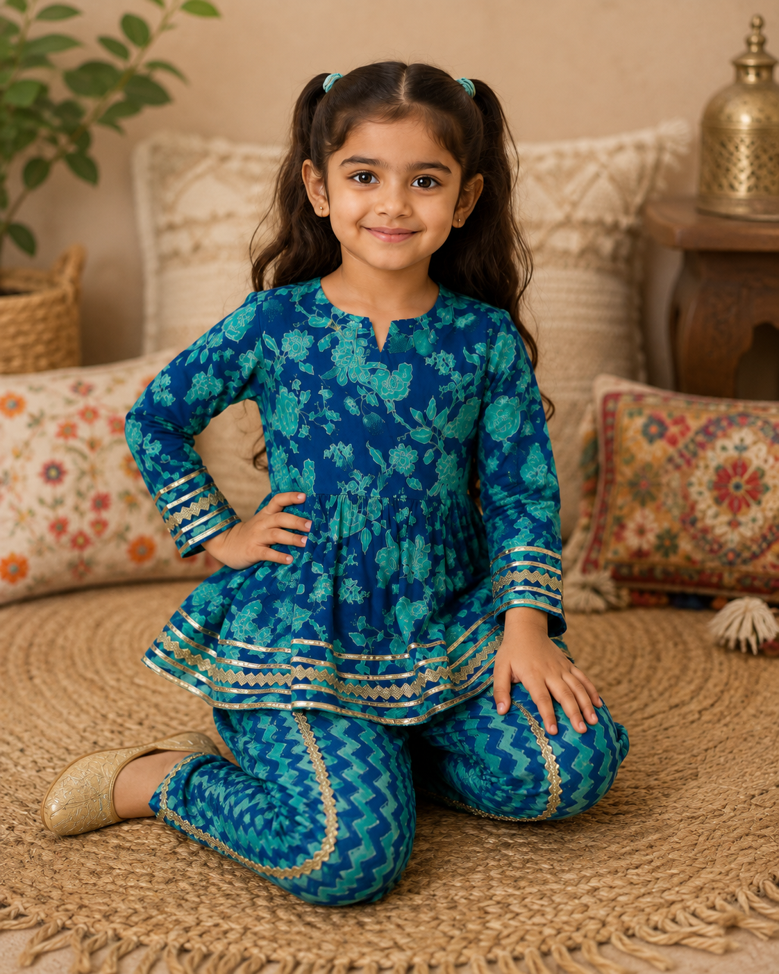 Teal Blue Floral Cotton Kurta Pant Set