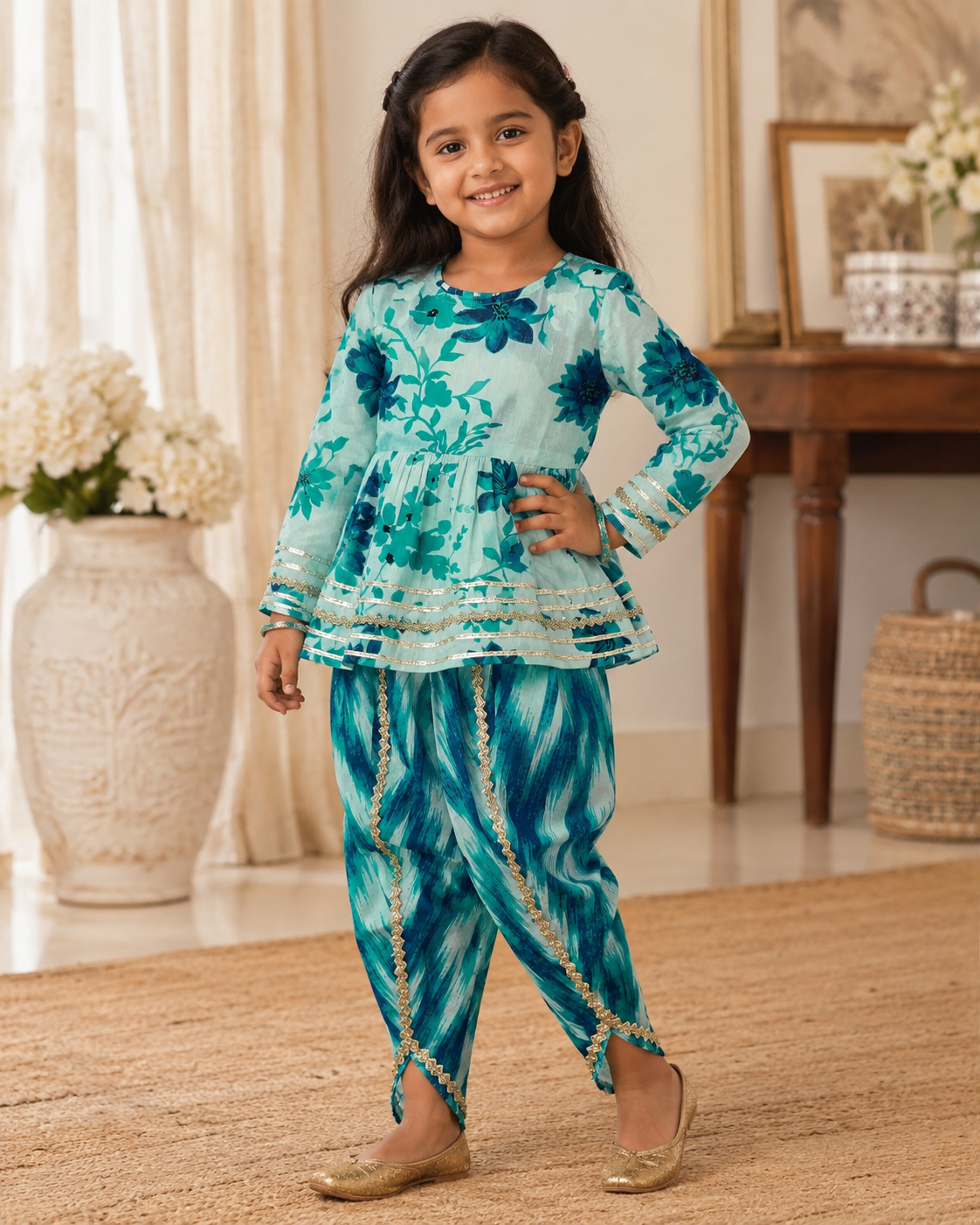 Turquoise Floral Cotton Kurta Pant Set