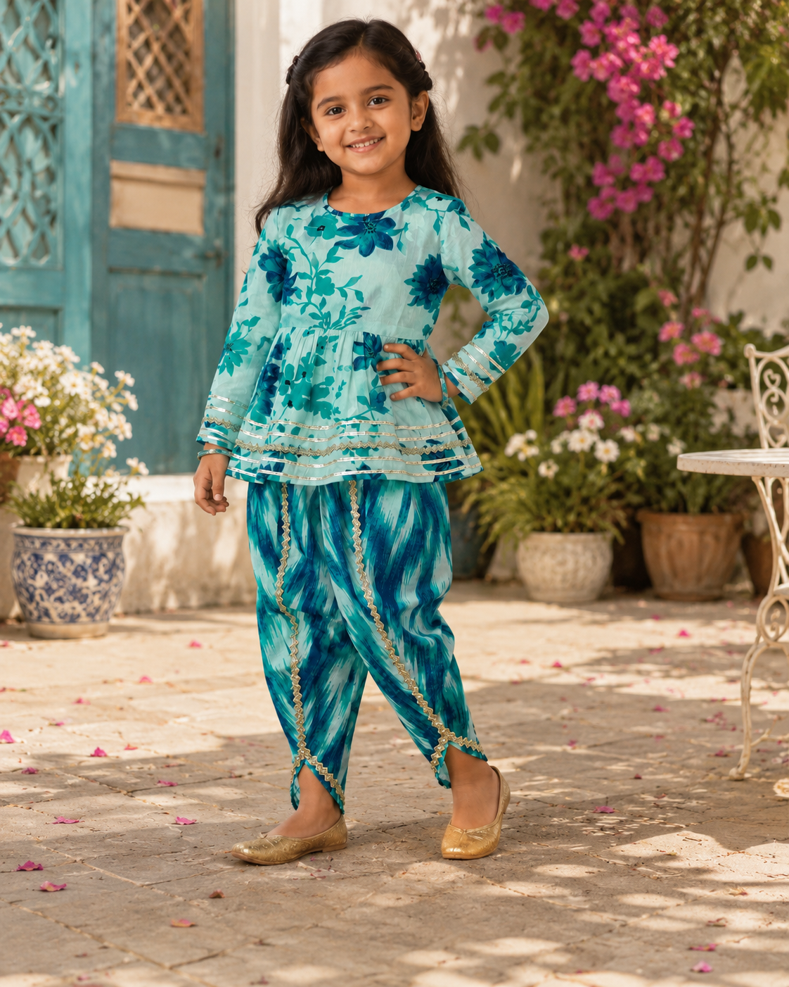 Turquoise Floral Cotton Kurta Pant Set