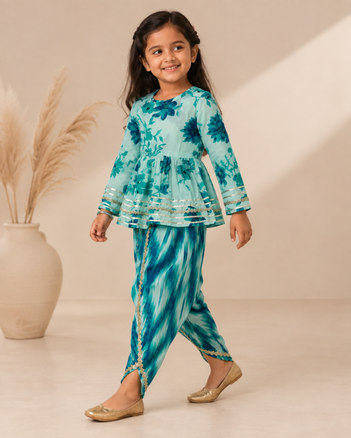 Turquoise Floral Cotton Kurta Pant Set