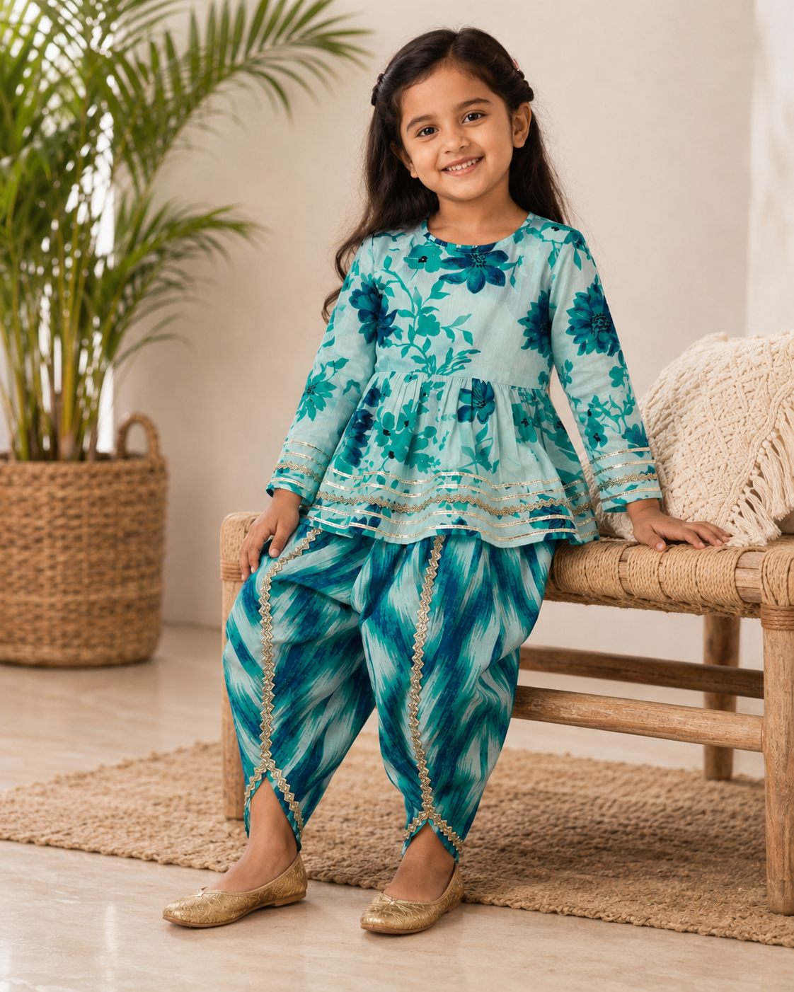 Turquoise Floral Cotton Kurta Pant Set