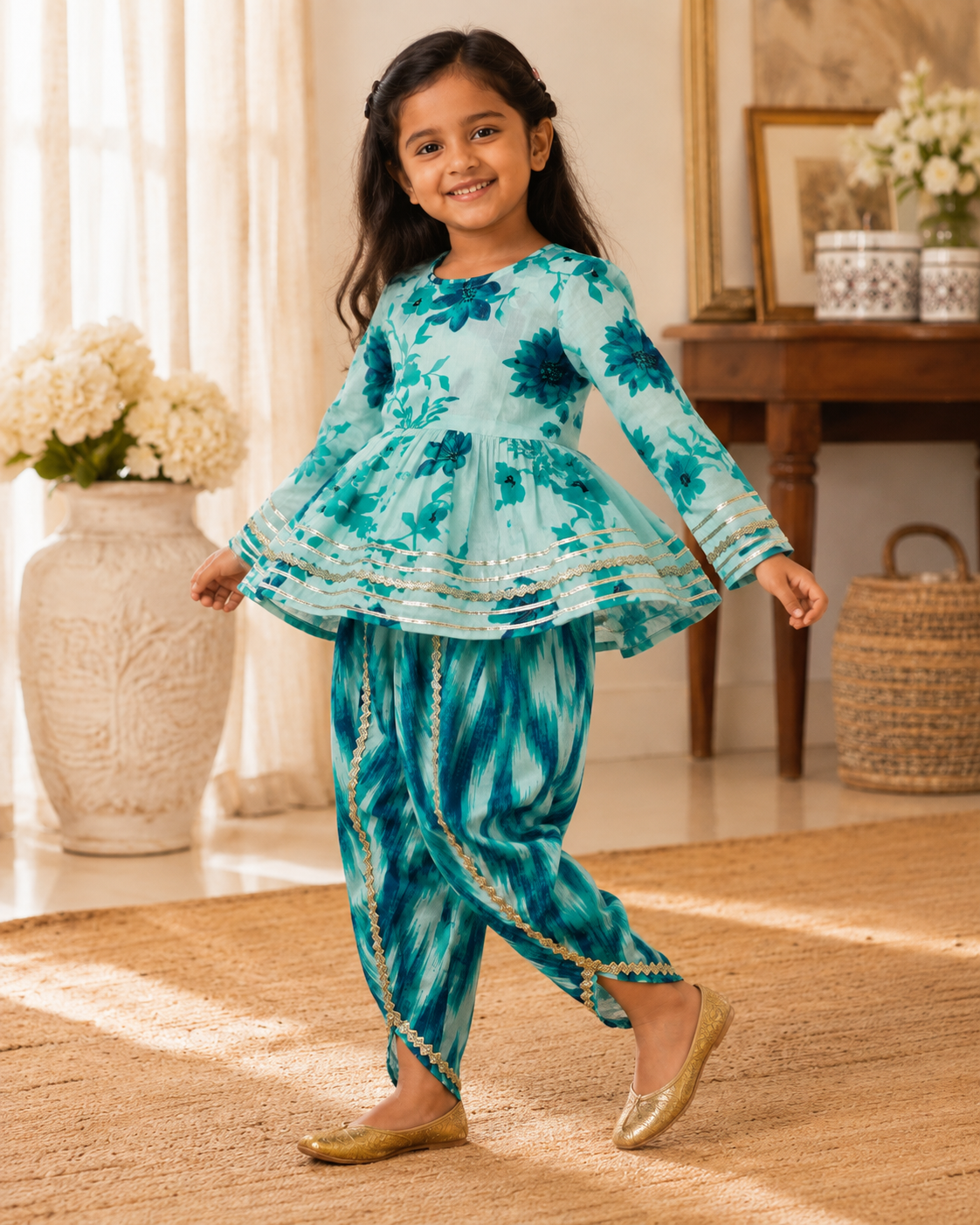 Turquoise Floral Cotton Kurta Pant Set