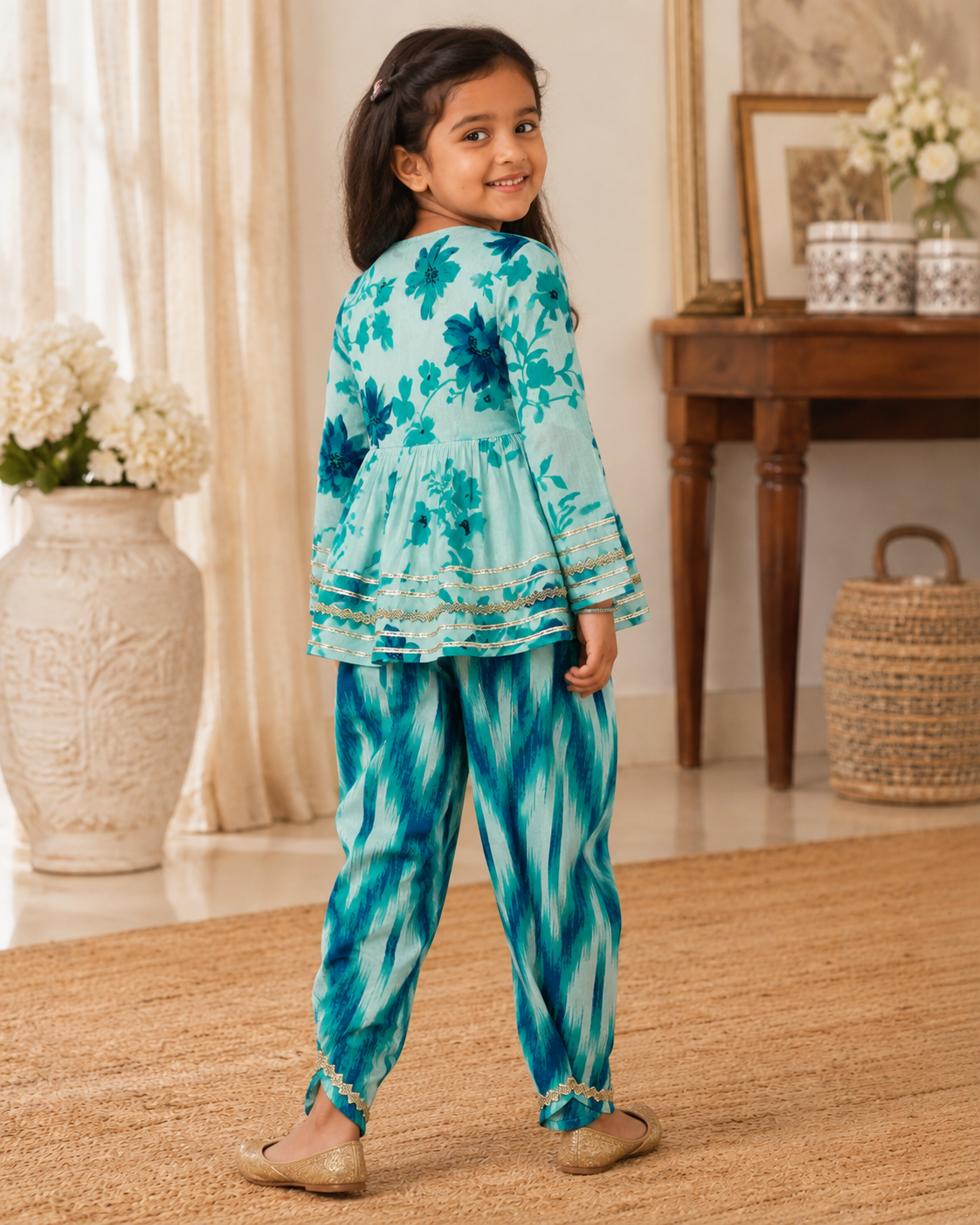 Turquoise Floral Cotton Kurta Pant Set