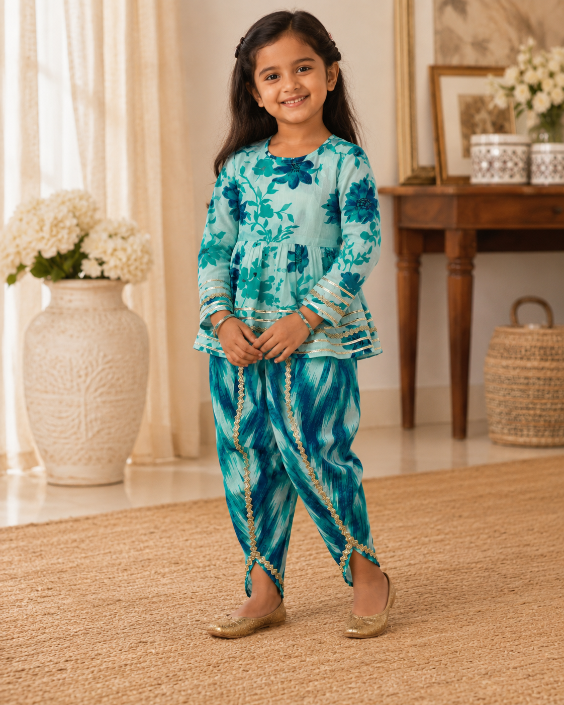 Turquoise Floral Cotton Kurta Pant Set