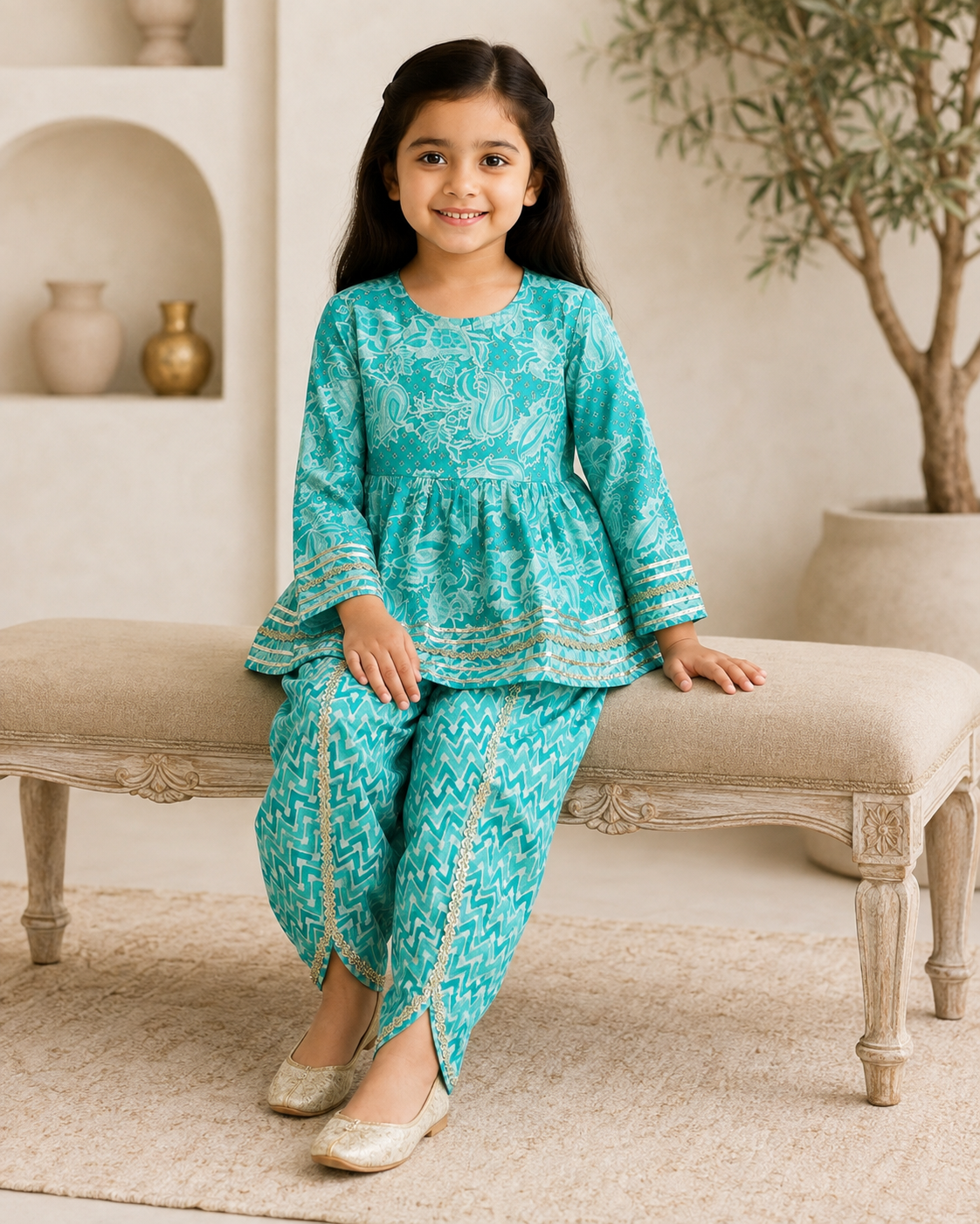 Aqua Cotton Kurta Pant Co-ord Set