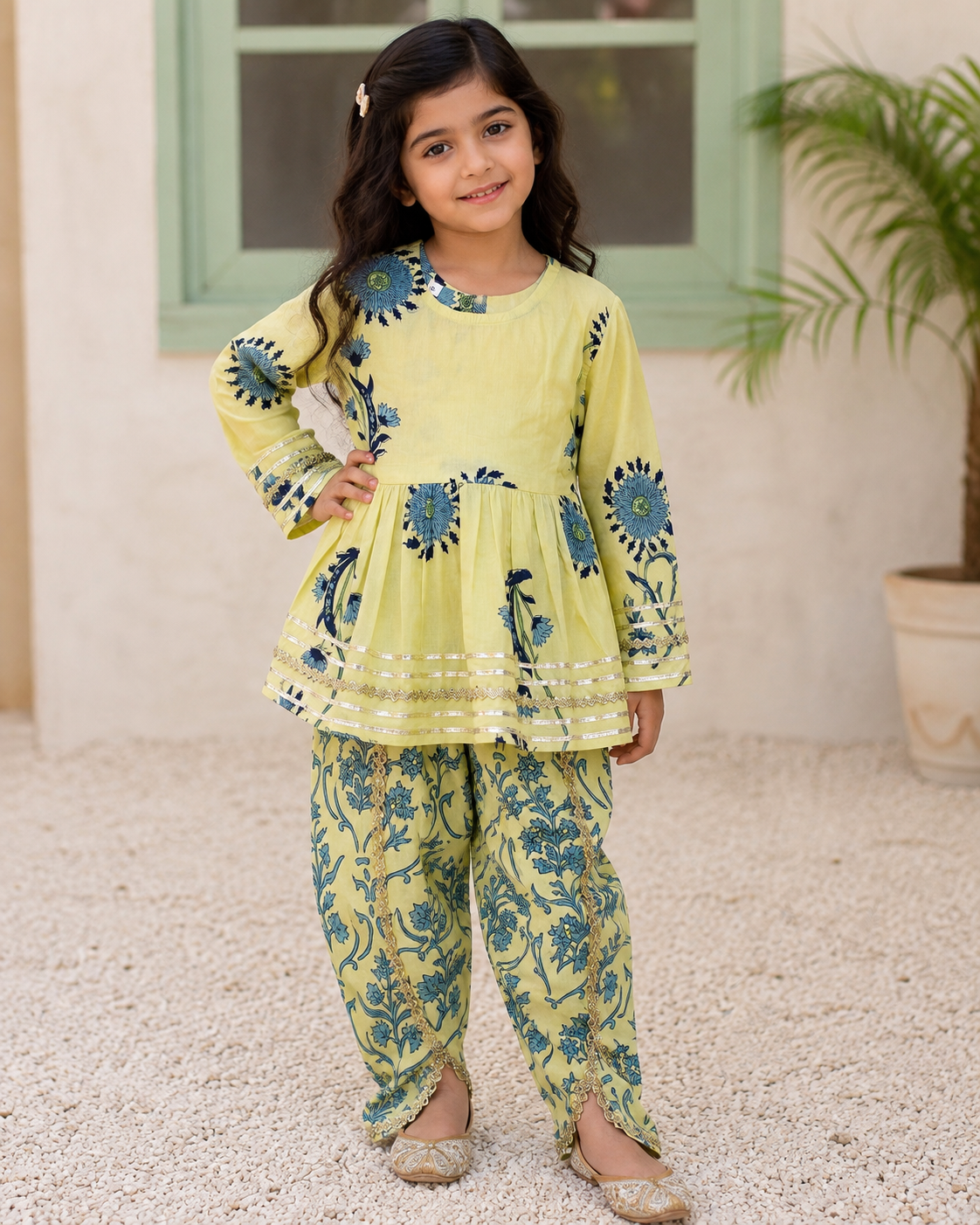 Lemon Floral Cotton Kurta Pant Set