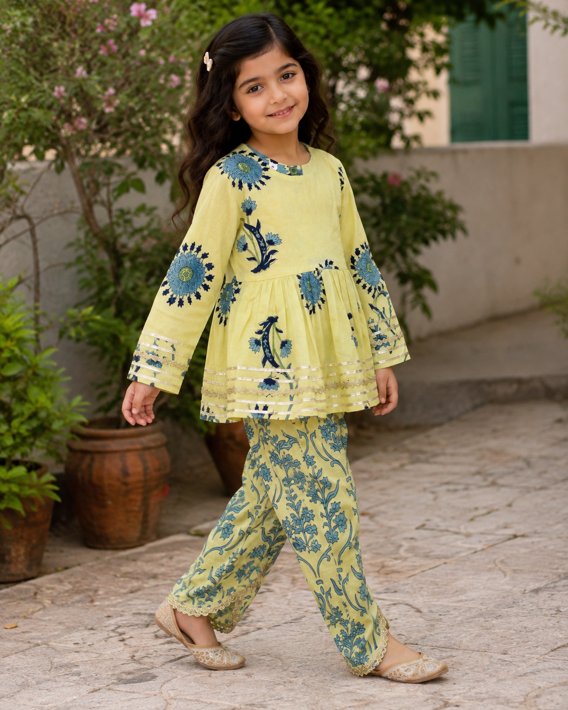 Lemon Floral Cotton Kurta Pant Set